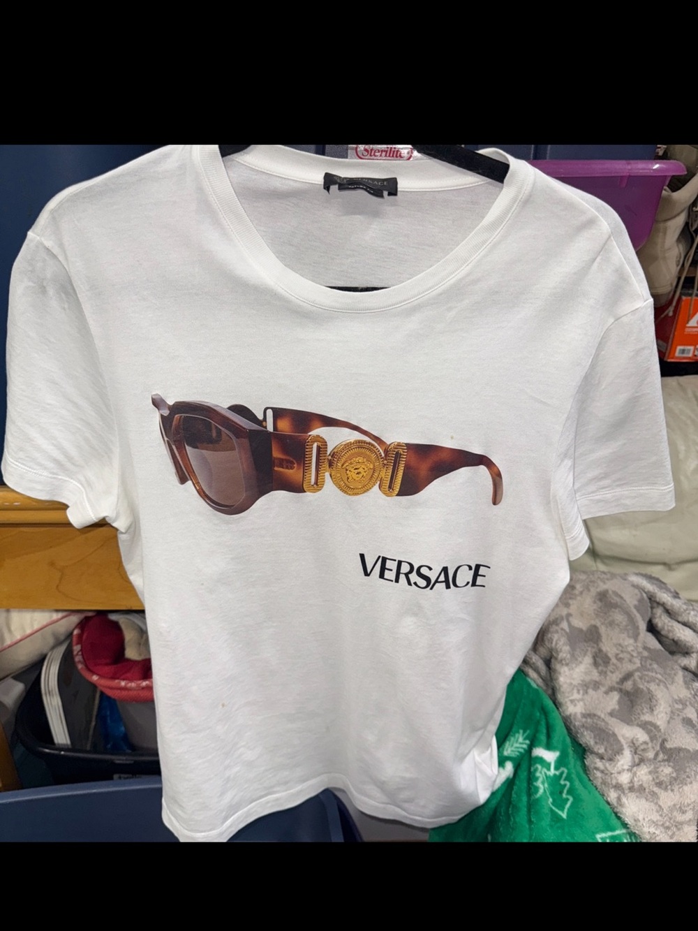Versace White Tee with Tortoiseshell Sunglasses Graphic